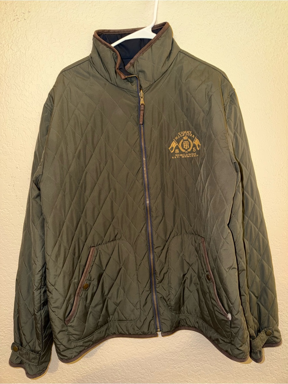 Tommy Hilfiger Olive Green Quilted Shirt Jacket with Brown Trim
